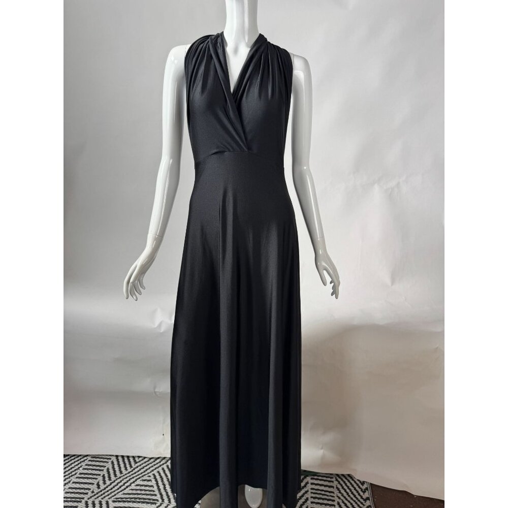 Custom Made Black Halter Maxi Dress With Flowing Back Tie & Ruched Bust Sz Small